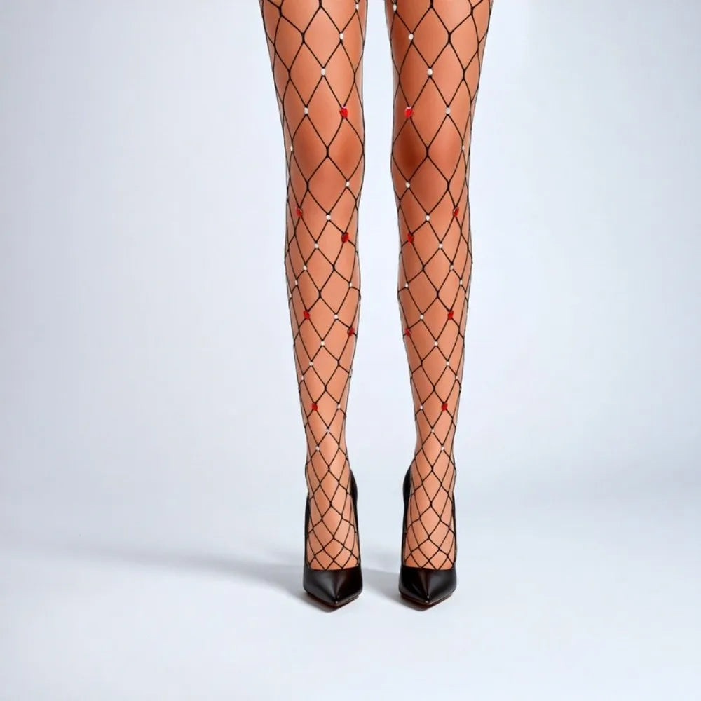 Rhinestone Fishnet Stockings – Diamond Heart Glitter Tights