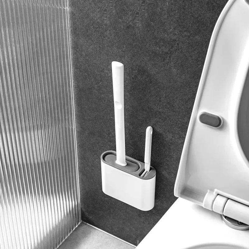 Silicone Toilet Brush & Wall-Mounted Holder Set | Flat Head