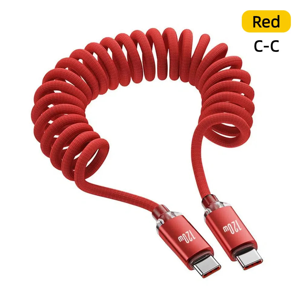 120W PD Type C to Type C Spring Coiled Fast Charging Cable Retractable Nylon Braided Cord For Samsung Xiaomi Huawei iPhone 15/16 Peaceful Pleasures Health and Wellness Type C To C Red 1m