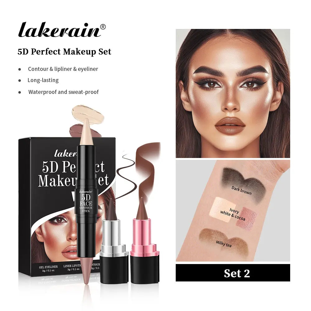 5D Perfect Makeup Set With Contouring Stick Eyeliner And Lipstick Easy Coloring Sweat-proof Long Lasting Daily Makeup Set Peaceful Pleasures Health and Wellness Set 2