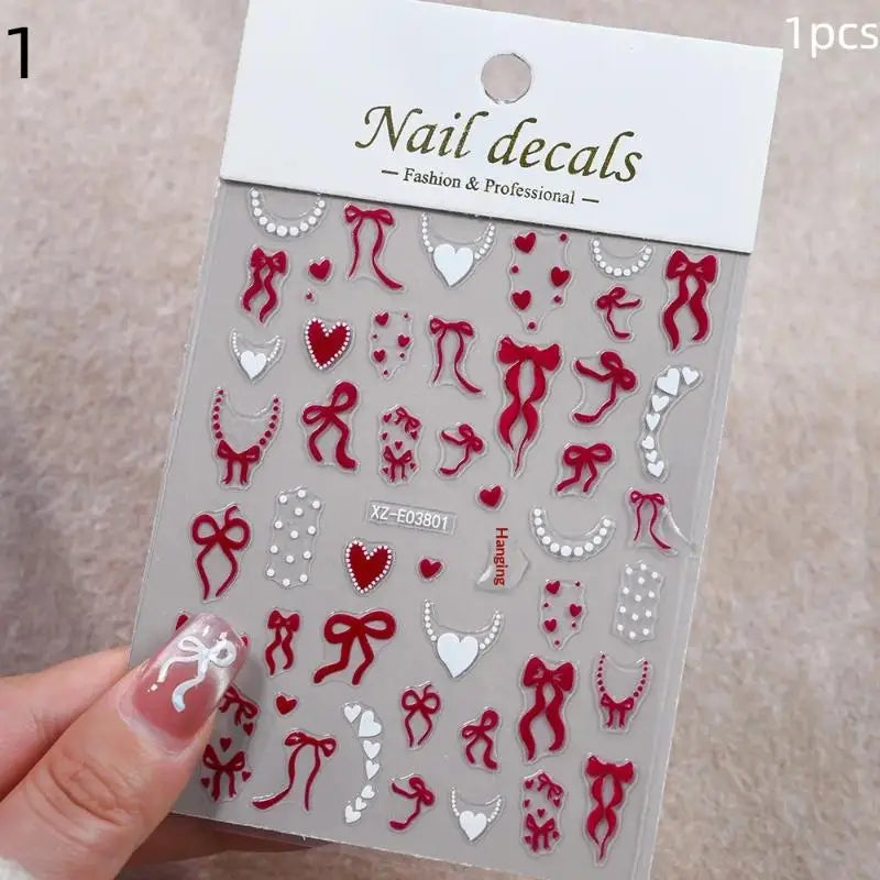 Aurora French Ribbon Heart Nail Stickers Pearl Love Chain Adhesive Nail Decals Valentine's Day Bows Manicure Sticker Peaceful Pleasures Health and Wellness 1