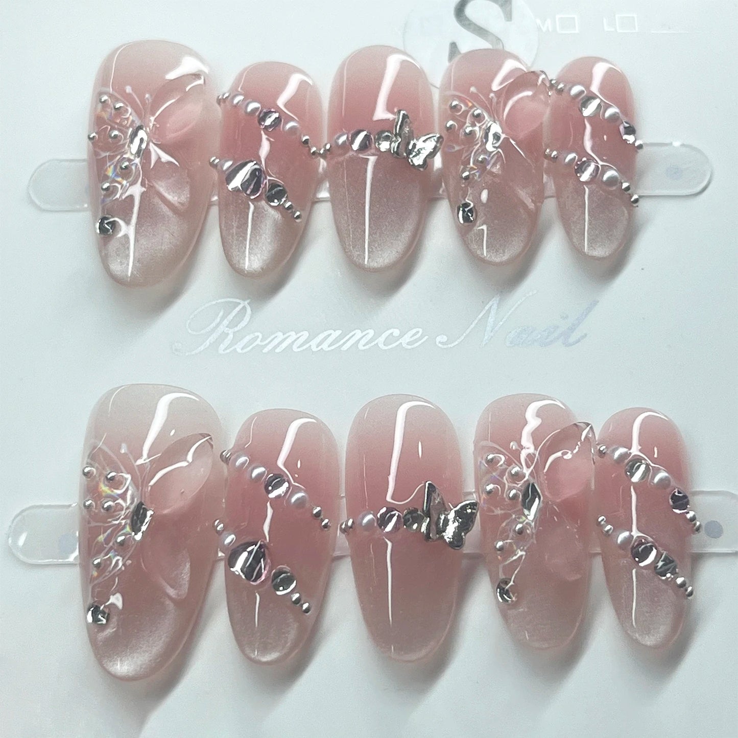 Glitter Cat Eye Press-On Nails | French 3D Butterfly Pink Tips