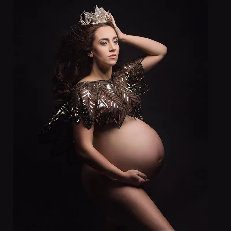 Beaded Maternity Photography Wrap - Roaring 20s Style Evening Shawl - Glamorous Pregnancy Photo Prop (See-Through Design) Peaceful Pleasures Health and Wellness black gold One size