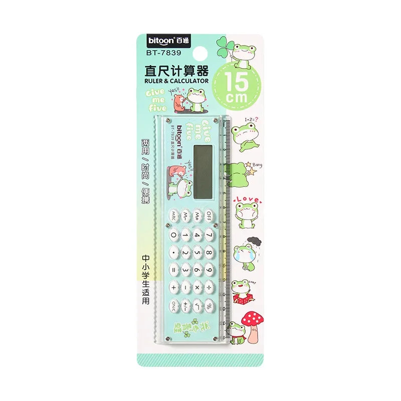 Ruler Calculator Mini Cartoon Cute Gift with A Calculator Ruler Personalized and Creative Multifunction Office School Supplies Peaceful Pleasures Health and Wellness green-1pc