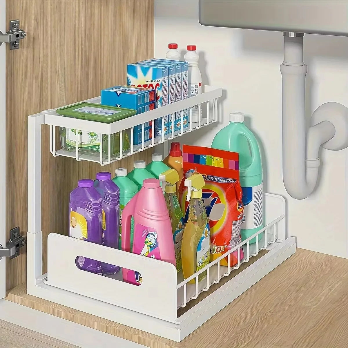 Under Sink Sliding Drawer Organizer - Metal Storage Rack with Pull-Out Shelves - Multi-Room Kitchen Bathroom Cabinet Organizer Peaceful Pleasures Health and Wellness WHITE