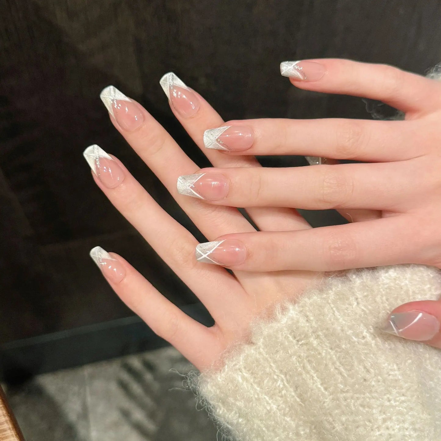 Handmade Press on Nails Short French White Cat Eye False Nails Daily Wearable Sweet Korean Shiny Powder Design Fake Nail Tips Peaceful Pleasures Health and Wellness Mid length S