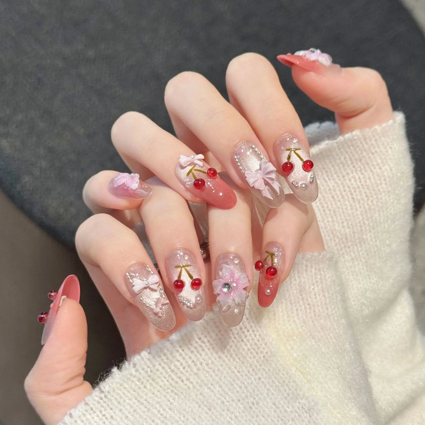 10PCS 3D Cherry Bowknot Decor Handmade Press on Nails Glitter Almond Sweet Fake Nails Wearable Blush Cat's Eye False Nails Art Peaceful Pleasures Health and Wellness L 1