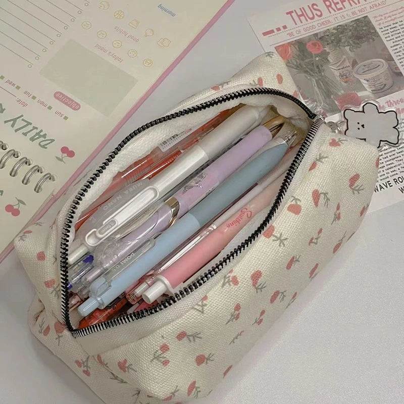Floral Canvas Pencil Case – Large Capacity Bag for Girls