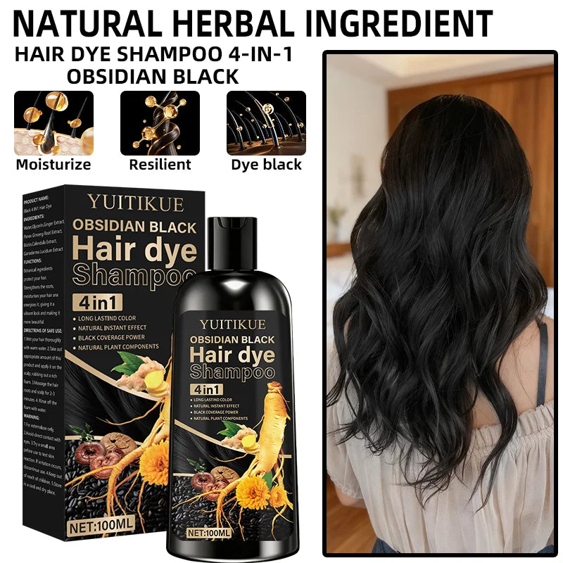 Obsidian black hair dye shampoo 4-in-1, long-lasting color, natural instant effect, black coverage, natural plant ingredients Peaceful Pleasures Health and Wellness