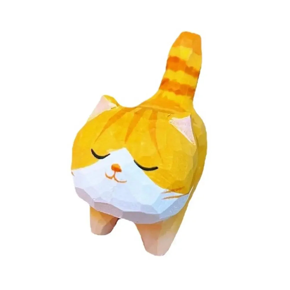 Handmade Wooden Carved Cat Figurine Multi Style Cute Kitten Sculpture Calico Orange Cat Desktop Decor Home Indoor Art Craft Peaceful Pleasures Health and Wellness Orange cat