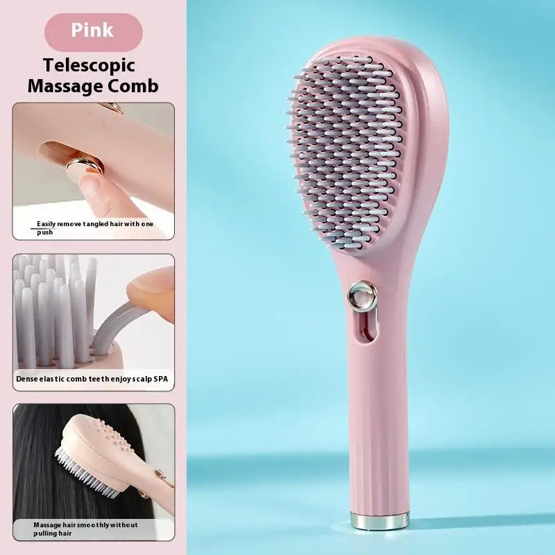 Portable Telescopic Comb With Scalp Massage Self-Cleaning - Women's Salon Styling Tool Compact Magic Comb Peaceful Pleasures Health and Wellness Pink