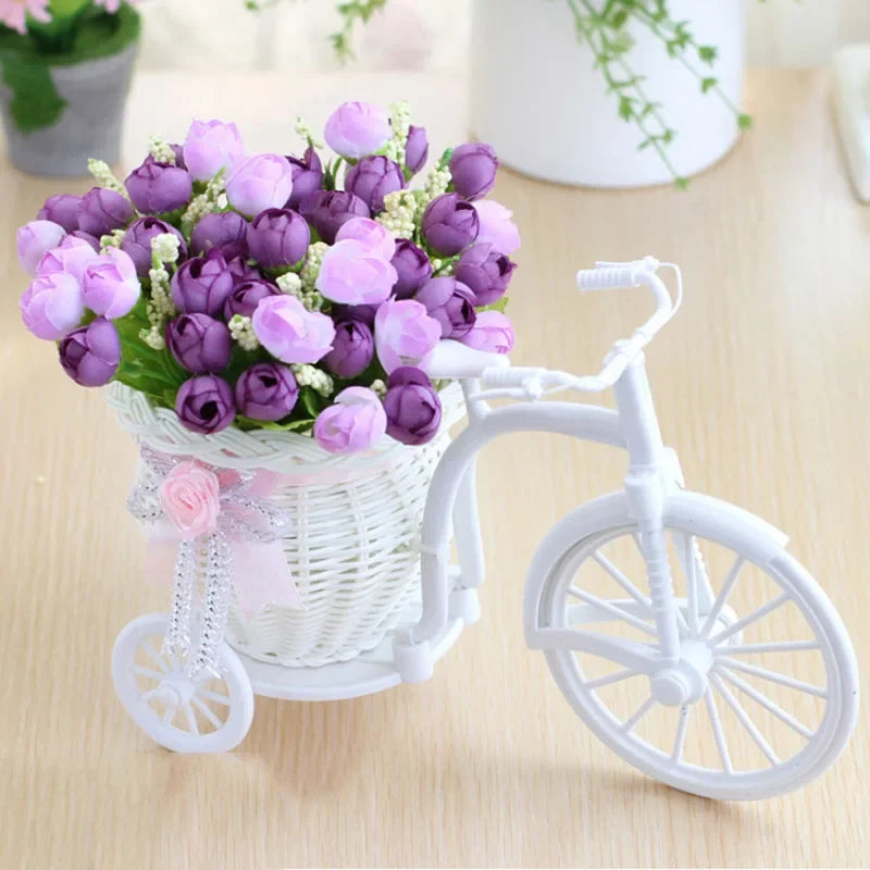 Silk Rose Artificial Flowers Bicycle Vase Desktop Bonsai Decor