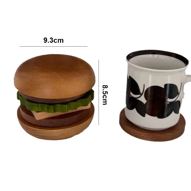 6PCS Hamburg Shape Teacup Tray 6 In 1 Solid Wood Coaster Table Cupcake Snack Dessert Pads Anti-slip Burger Insulation Cup Mat Peaceful Pleasures Health and Wellness
