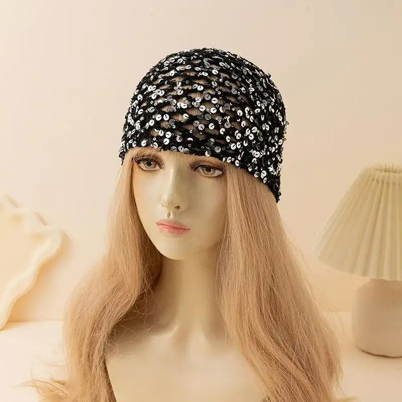 Y2K Sparkly Sequin Knit Beanie Hat – Sheer Hollow Party Cap