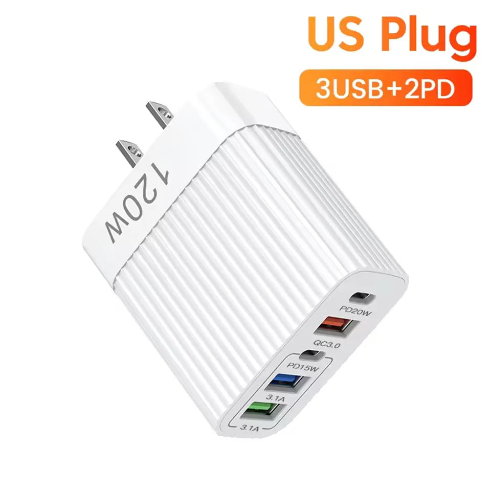 5-Port 120W USB-C PD Wall Charger – Fast Charge iPhone & Android
