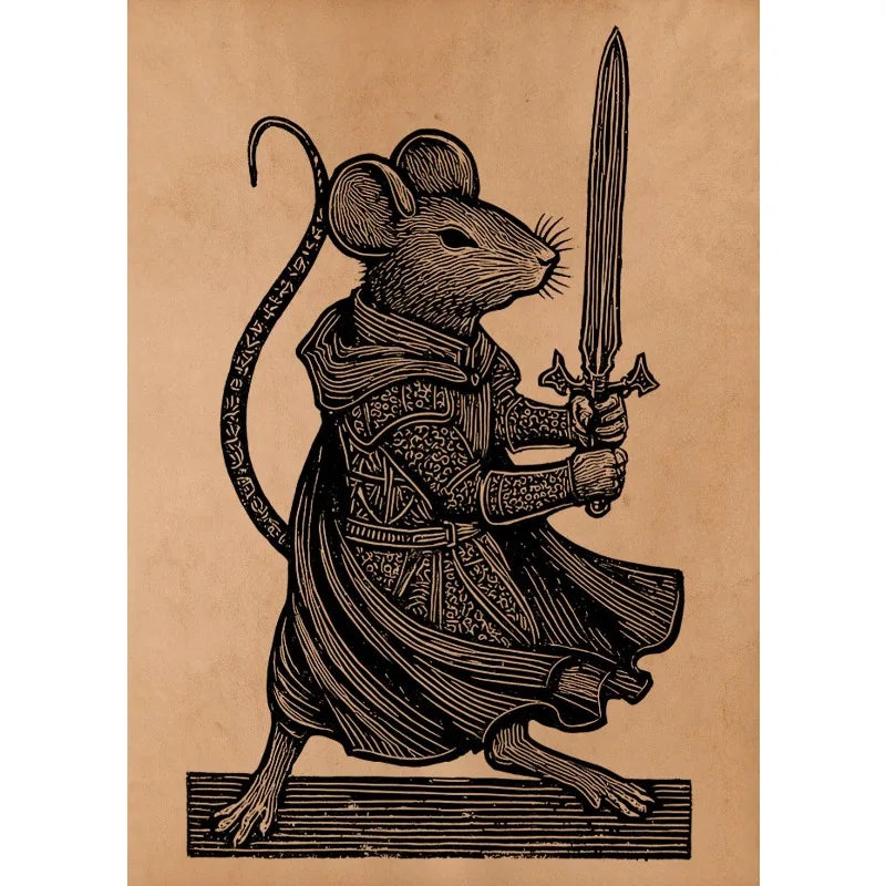 Antique Style Cat UFO Abduction Alien Medieval Knight Mouse Illustration Poste Canvas Painting Wall Art Pictures Home Decor Peaceful Pleasures Health and Wellness 6 20x30cm