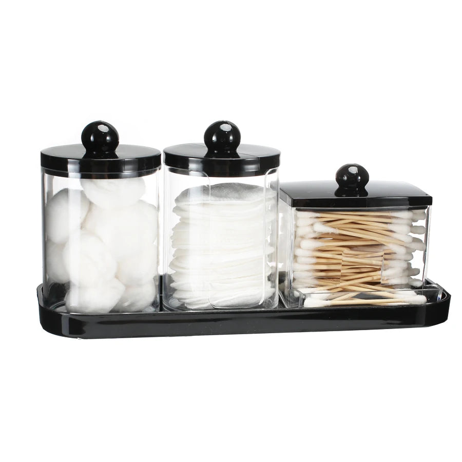 Qtip Holder Bathroom Set with Tray 3 Pack Acrylic Plastic Apothecary Jars Qtip Dispenser Canister with Lid Bathroom Organizers Peaceful Pleasures Health and Wellness C