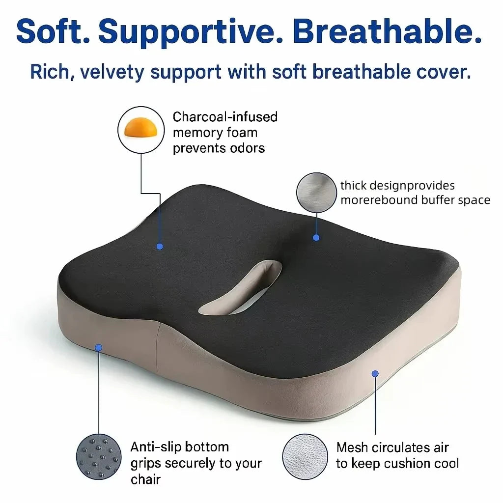 Memory Foam Seat Cushion – Ergonomic Center Groove, Non-Slip