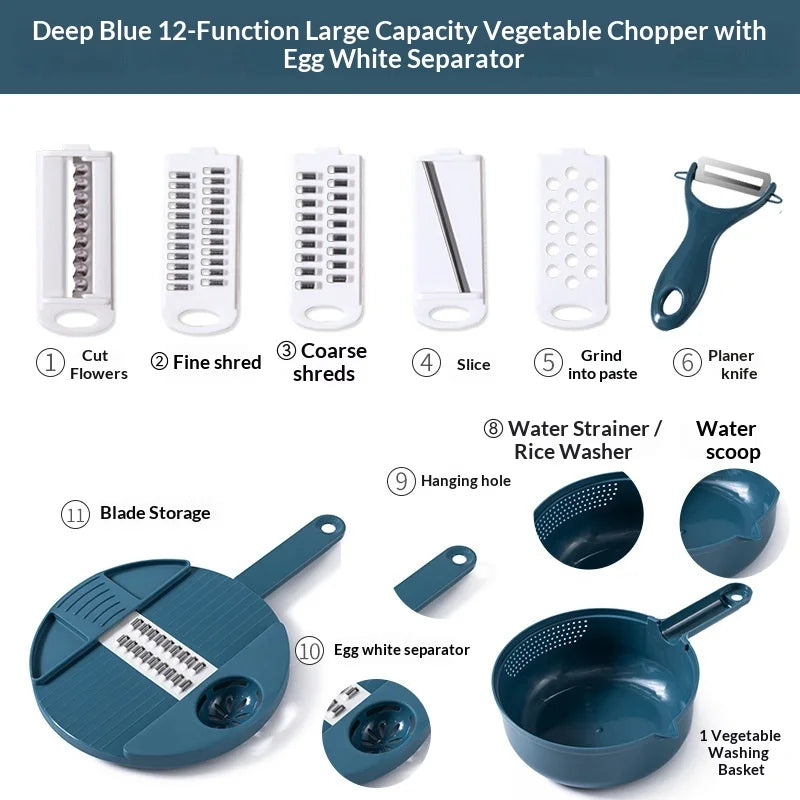 Multifunctional 9-in-1 Vegetable Chopper, Carrot and Potato Manual Shredding and Slicing Machine, Radish Chopper, Kitchen Tool Peaceful Pleasures Health and Wellness Blue-12pcs