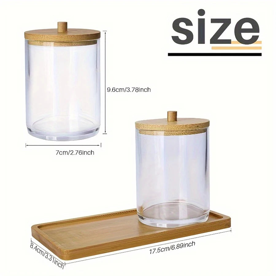 Acrylic Cotton Swab Holder Canister with Tray – 2-Pack 10oz Apothecary Jar Bathroom Organizer