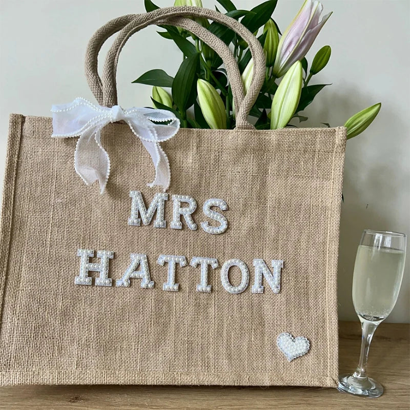 Personalized Name Jute Tote Bag Bride Wedding Engagement Bridal Shower Decoration Bachelorette Party Supplies Future Mrs Present Peaceful Pleasures Health and Wellness
