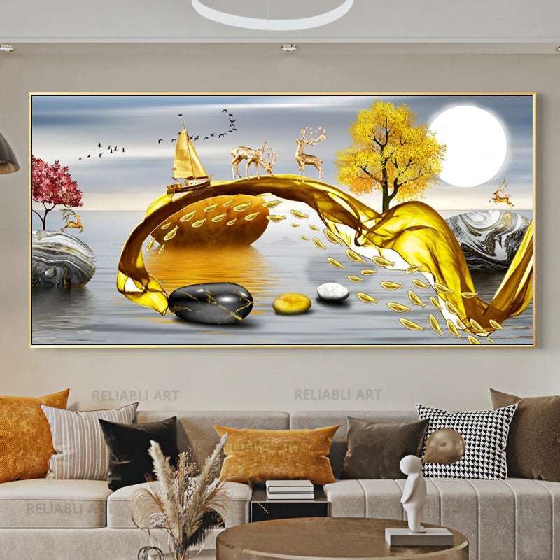 Feng Shui Golden Tree & Deer Canvas Wall Art | Lucky Decor