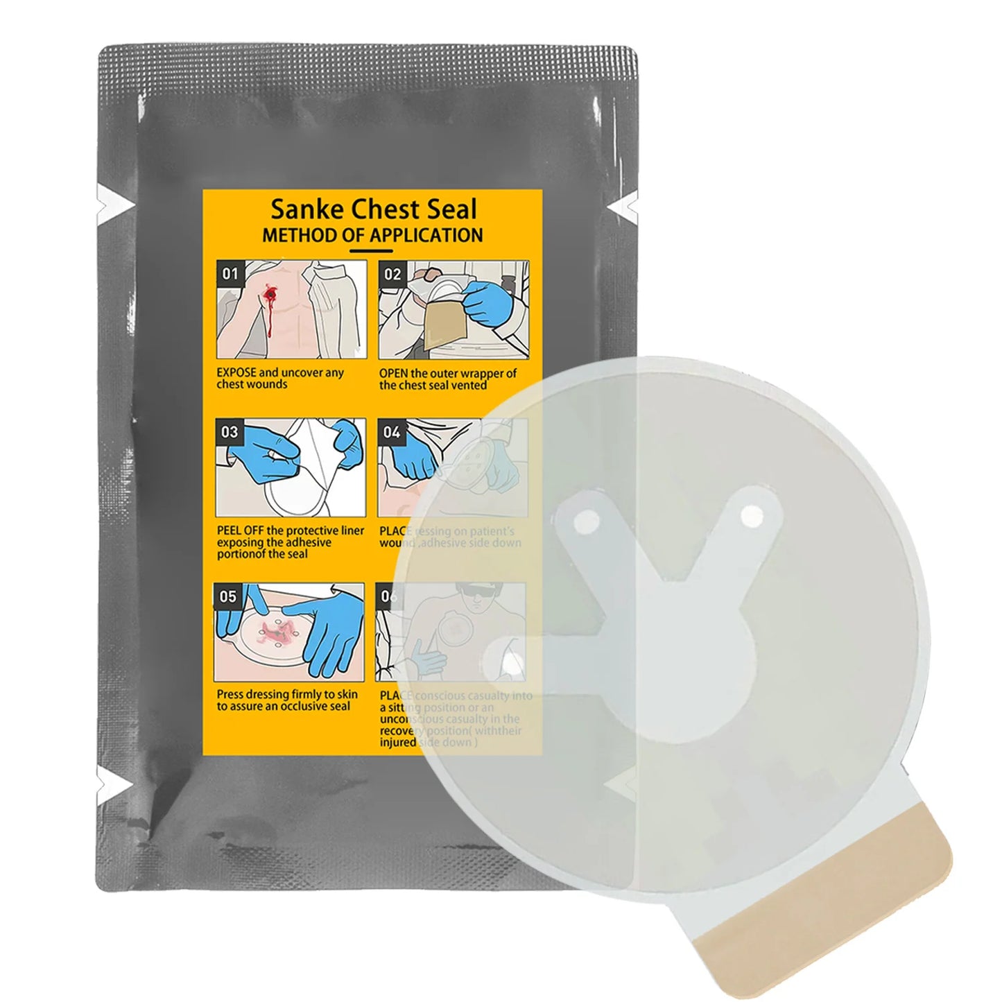 Sanke Chest Seal Quick Useful Wound Emergency Dressing Bandage First Aid Kit Trauma for Open Chest Injury Adhesive Dressing Peaceful Pleasures Health and Wellness 3 Hole 1pcs