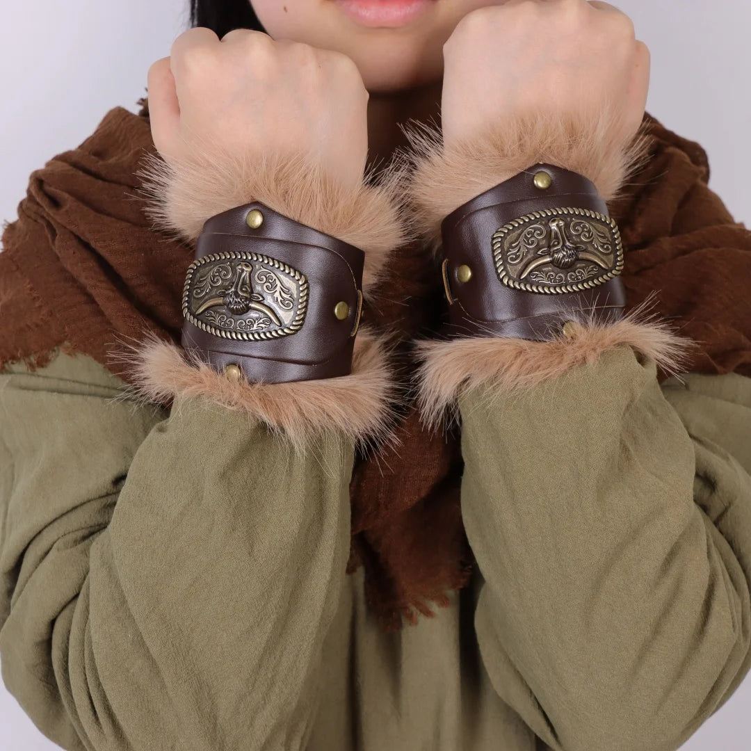 Medieval Knight Bracers Faux Leather Wristwear Furry Trim Retro
