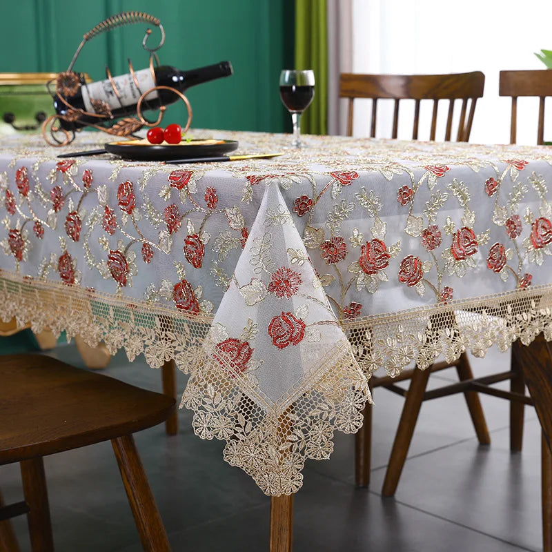 Battilo Luxury Lace Embroidered Rectangular Tablecloth | Floral