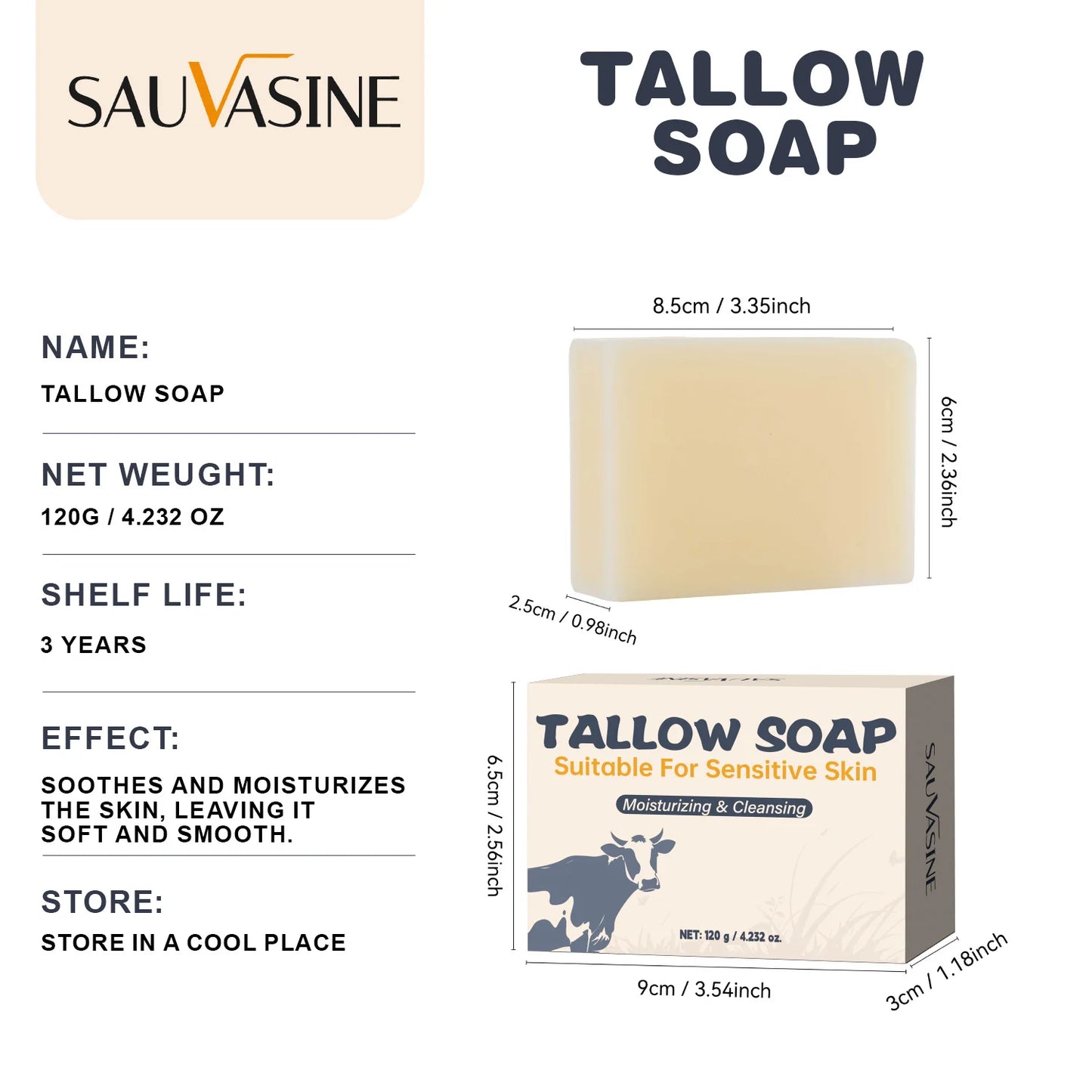 120g Beef Tallow Soap Face & Body Moisturizing & Cleansing & Smoothing Natural Grass Fed Tallow Soap Bar for Sensitive Skin Peaceful Pleasures Health and Wellness