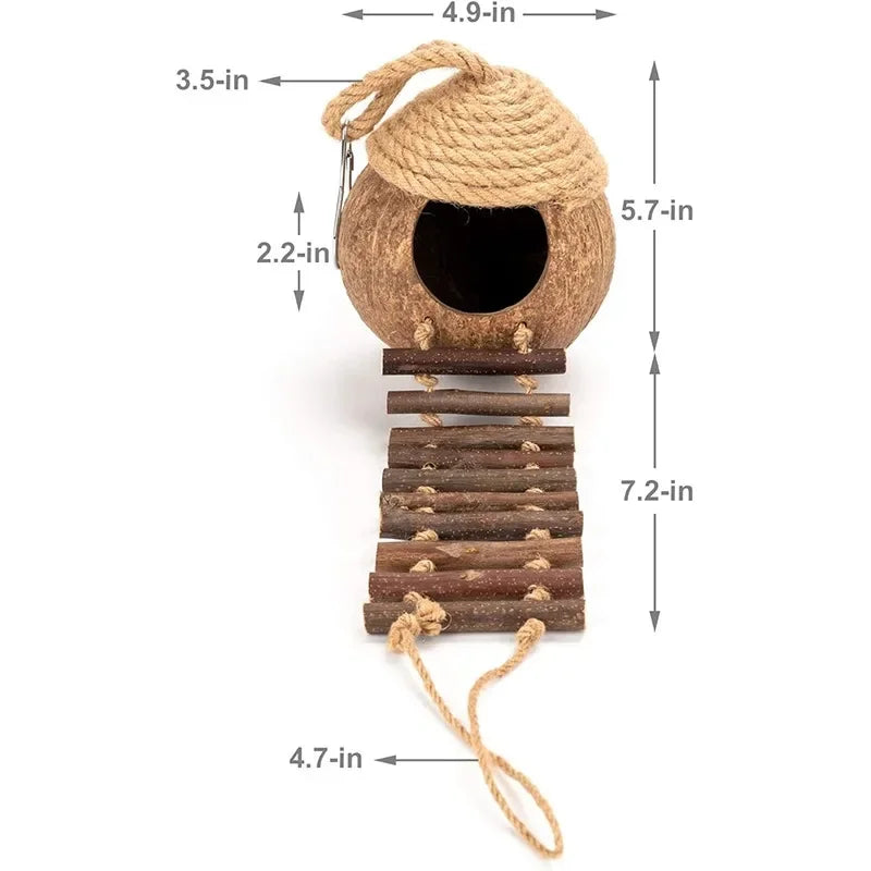 Coconut Shell Birdhouse Hut with Ladder | Natural Bird & Pet Habitat Bird Cage Habitat Peaceful Pleasures Health and Wellness