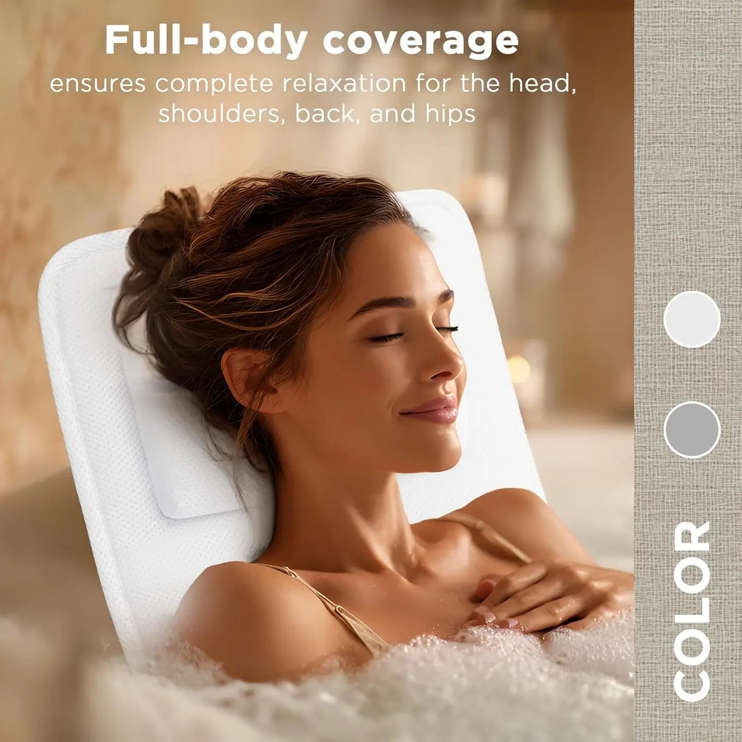 Extra Thick Full Body Bath Pillow with Quick-Dry Air Mesh, Non-Slip Suction Cups for All Tubs - White Luxury Spa Accessory Peaceful Pleasures Health and Wellness