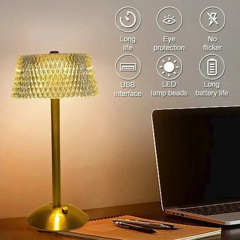 Classic LED Cordless Table Lamp USB Rechargeable Night Light Coffe Bar Touch Dimming Desk Lamp Bedroom Decor Crystal Table Lamps Peaceful Pleasures Health and Wellness