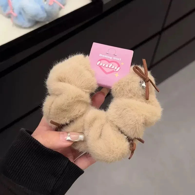 New Soft Bow Hair Scrunchie for Women New Style High Ponytail Plush High Elastic Hair Tie Rubber Band Versatile Hair Accessories Peaceful Pleasures Health and Wellness 1pc khaki