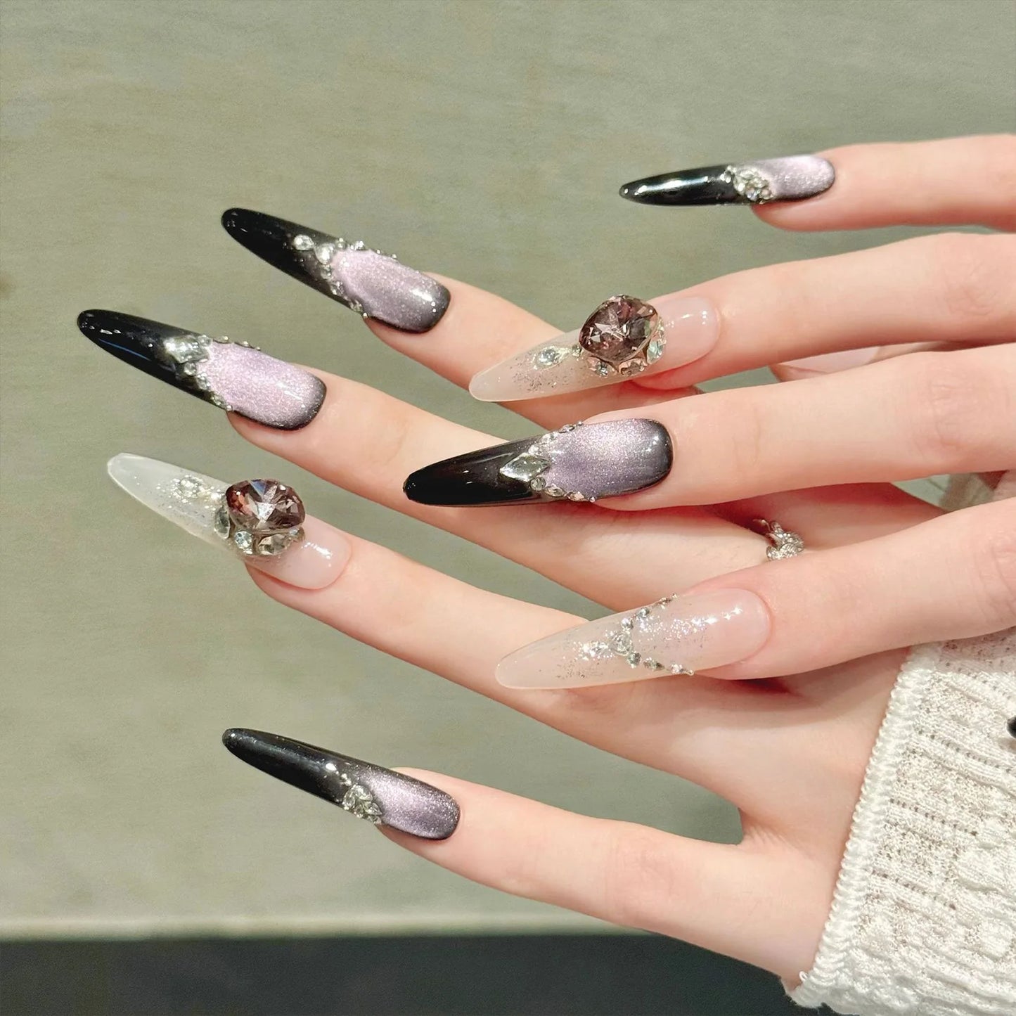 10pcs Handmade Press on Nails Light Luxury Flash Purple Cat's Eye Fake Nails Wearable Shiny Diamond Decor False Nails Almond Tip Peaceful Pleasures Health and Wellness XS 1