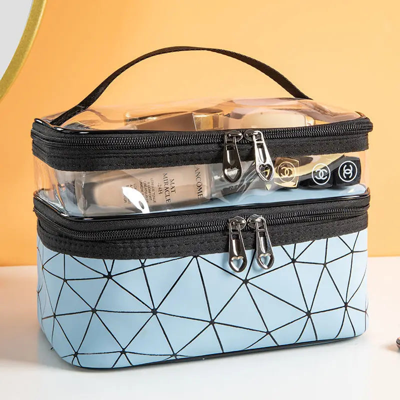 Double-layer Portable Large Capacity Makeup Bag Handheld Travel Waterproof Toiletry Bag Portable Cosmetics Storage Pouch Peaceful Pleasures Health and Wellness Blue