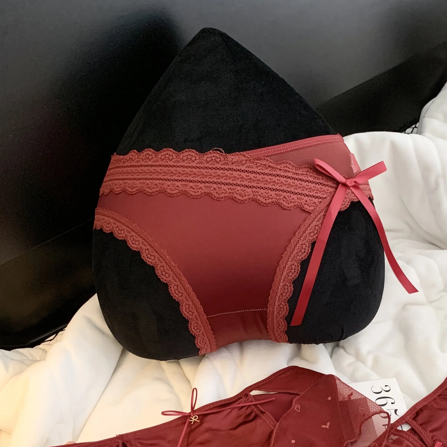 Women's Cherry Red Lucky Satin Mesh Mid-Waist Brief Panties