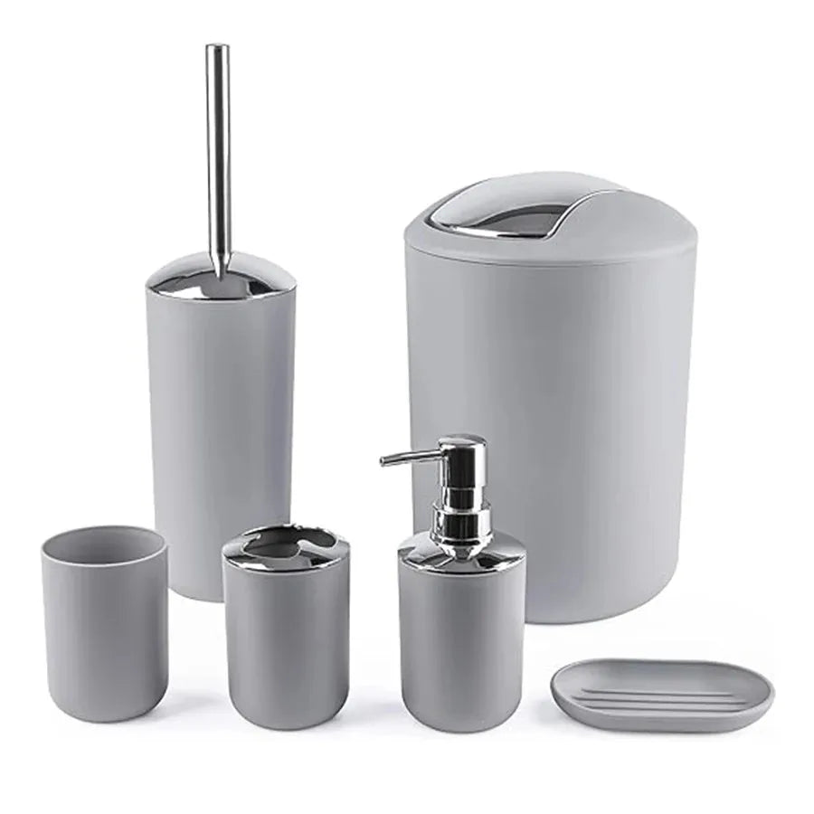 Bathroom Accessory Set,6 Piece Gift Set,Toothbrush Holder,Toothbrush Cup,Soap Dispenser,Soap Dish,Toilet Brush Holder,Trash Can Peaceful Pleasures Health and Wellness Light Grey