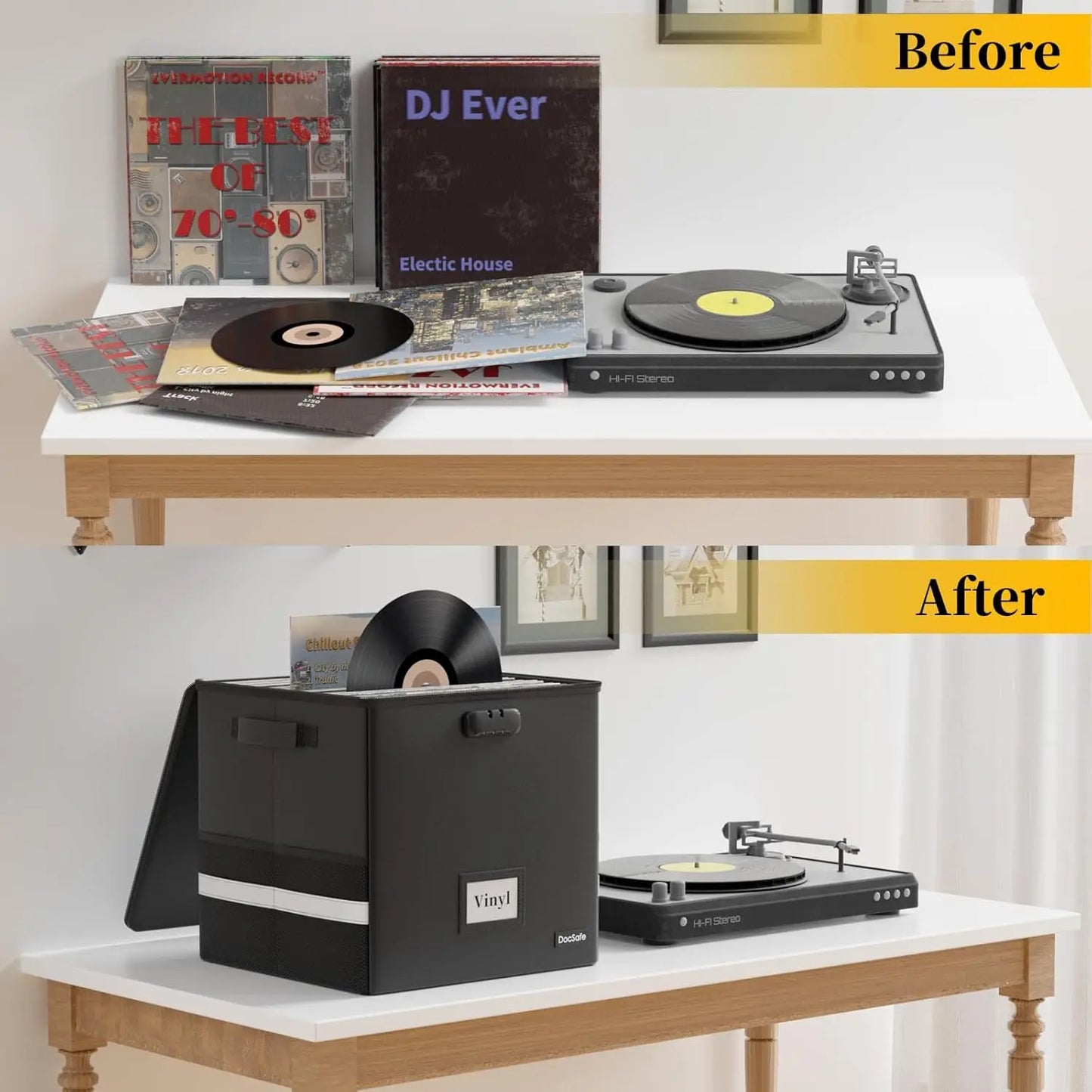 Before and after comparison of a turntable setup with vinyl records and storage box.