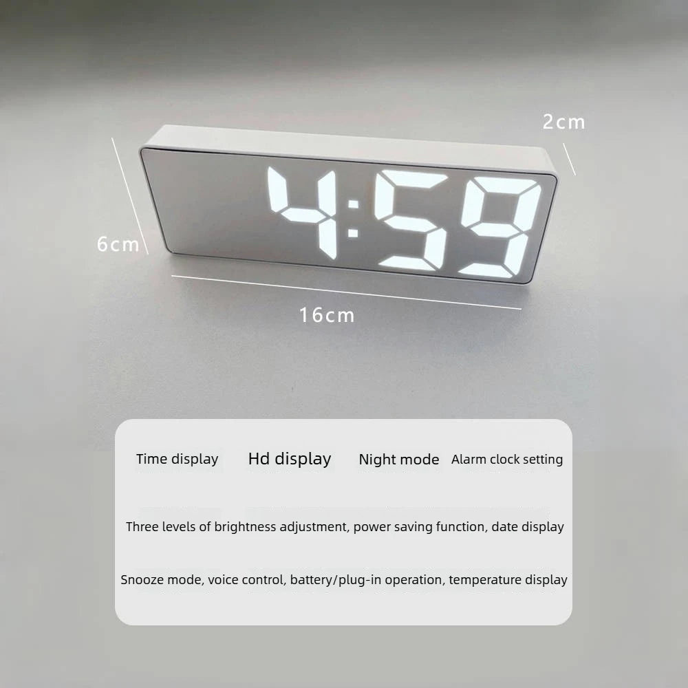 LED Mirror Digital Alarm Clock Silent Luminous Electronic Desktop Bedside Clock Student Ornament Black White Peaceful Pleasures Health and Wellness White