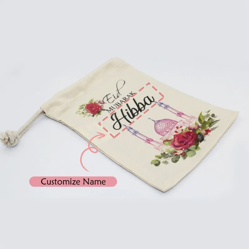 5-Pack Personalised Eid Mubarak Gift Bags | Custom Name Eidi Personalised Gift Bags Peaceful Pleasures Health and Wellness Floral Mosque message us 5 names 5pcs 13x18cm