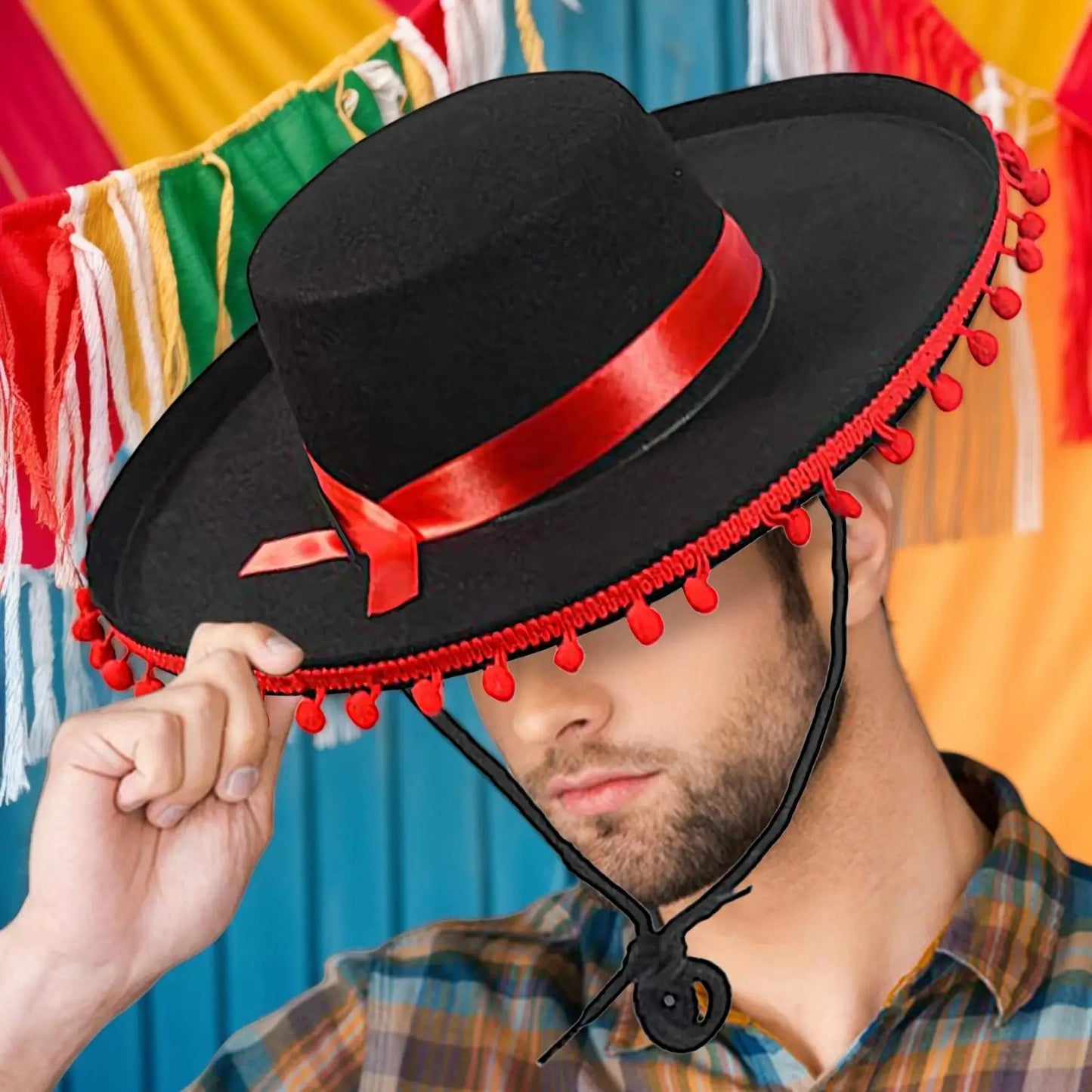 Mexican Sombrero Hat – Wide Brim Costume with Pom-Poms
