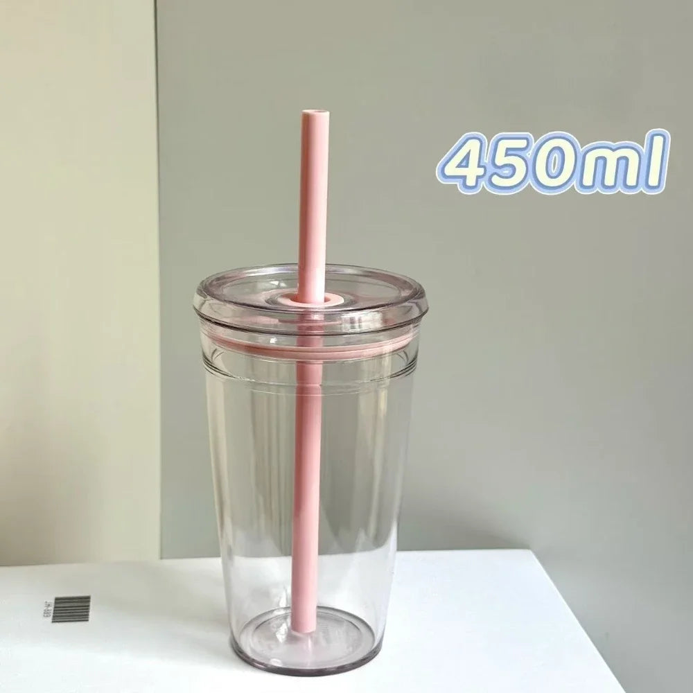 2026 450ML High Beauty Single Layer Milk Tea Straw Cup Transparent Multi Color Universal Coffee Cup Office Water Cup Home Hot Peaceful Pleasures Health and Wellness Pink