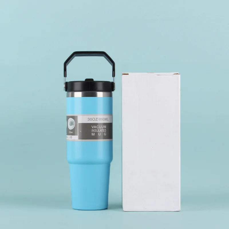 30OZ Portable Car Cup Stainless Steel Thermos Cup with Straw Travel Sports Water Bottle With Handle Cover Coffee Vacuum Flask Peaceful Pleasures Health and Wellness SKY BLUE 801-900ml