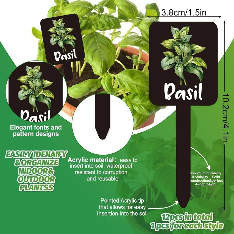 12-Pack Acrylic Herb Garden Plant Labels & Markers | Printed Names Herb Garden Markers Peaceful Pleasures Health and Wellness