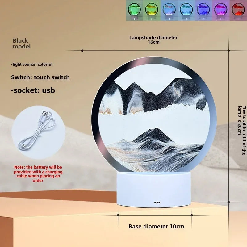 Hot 3D Stereoscopic Glass Sand Painting Bedside Lamp Decompression Liquid Office Home Decoration Gift Small Night Light Peaceful Pleasures Health and Wellness Black
