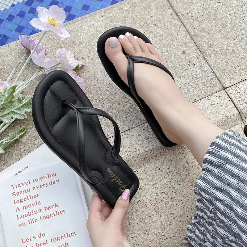 Women's Flat Flip Flops – Luxury Summer Beach Slippers Black Silver