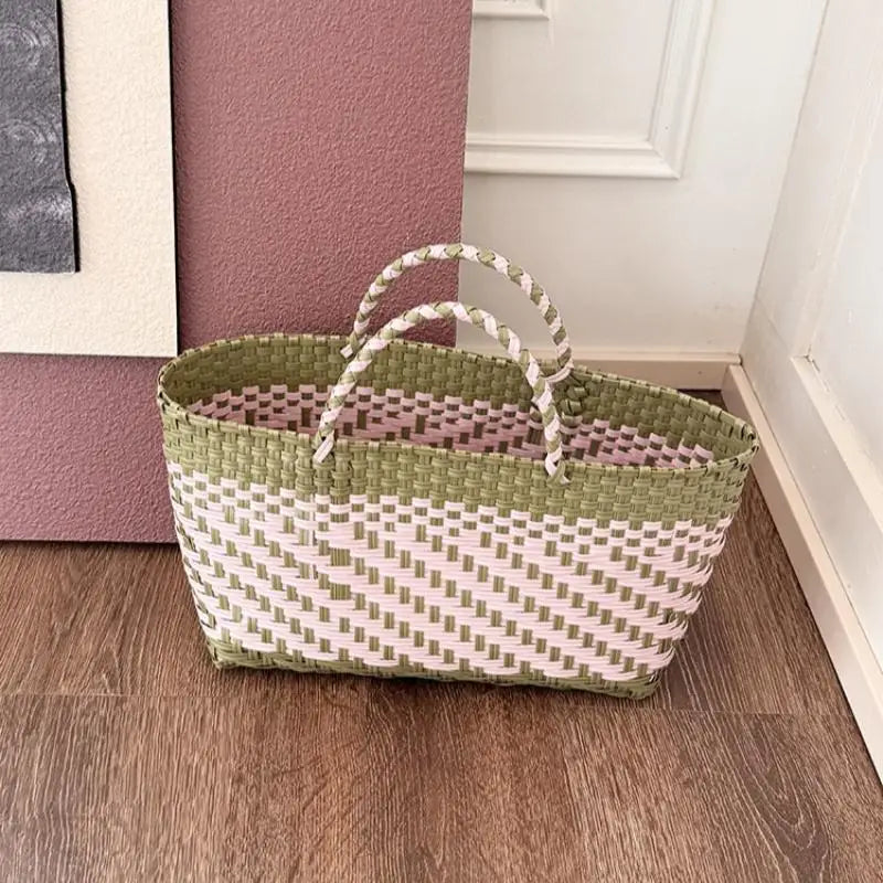 PVC Woven Beach Tote Bag | Boho Large Capacity Basket Bag