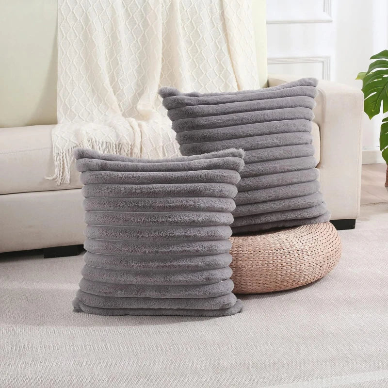 Faux Rabbit Fur Square Cushion Cover Big Thick Striped Super Soft Solid Color Pillow Cover 45x45cm Sofa Decor Cushion Cover Peaceful Pleasures Health and Wellness grey