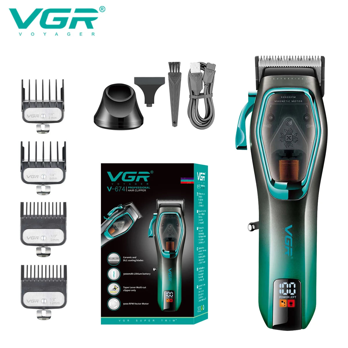 VGR Hair Clipper Professional Hair Trimmer 9000 RPM Hair Cutting Machine Adjustable Barber Haircut LED Trimmer for Men V-674 Peaceful Pleasures Health and Wellness 674 green
